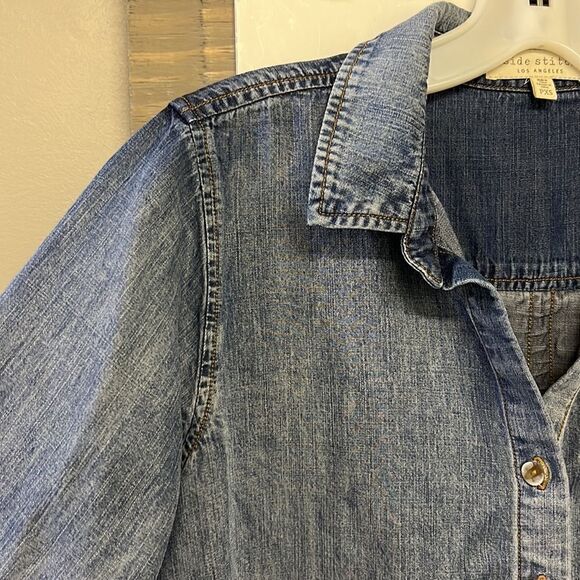 Side Stitch Dark Wash Long Sleeve Lyocell Botton Down Shirt- XSP - Picture 11 of 16